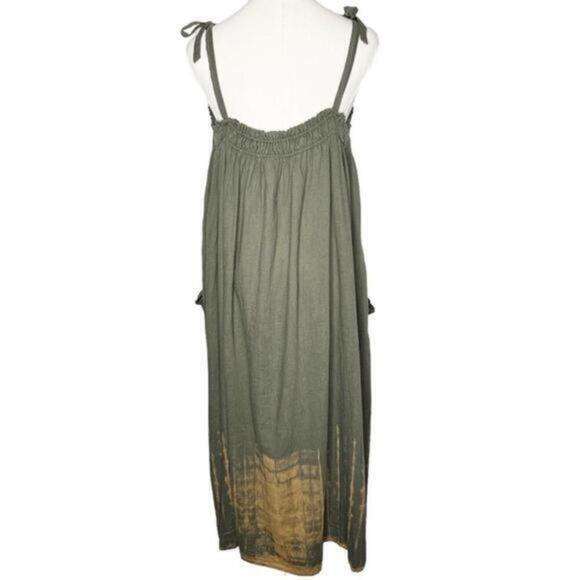FREE PEOPLE Tie Shoulder Oversized Boho Dress Olive Tie Dye Size Small - Picture 2 of 9